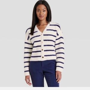 a new day Navy and White Fuzzy Cardigan